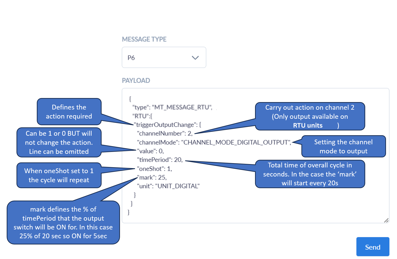 Example P6 JSON frame for OUTPUT